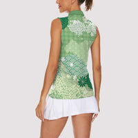 Green Palaka Japanese Patterns Women Sleeveless Polo Shirt Asanoha Seigaiha Sakura Motif LT14 - Polynesian Pride