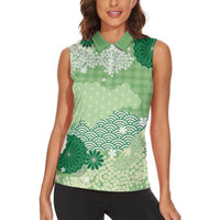 Green Palaka Japanese Patterns Women Sleeveless Polo Shirt Asanoha Seigaiha Sakura Motif LT14 - Polynesian Pride