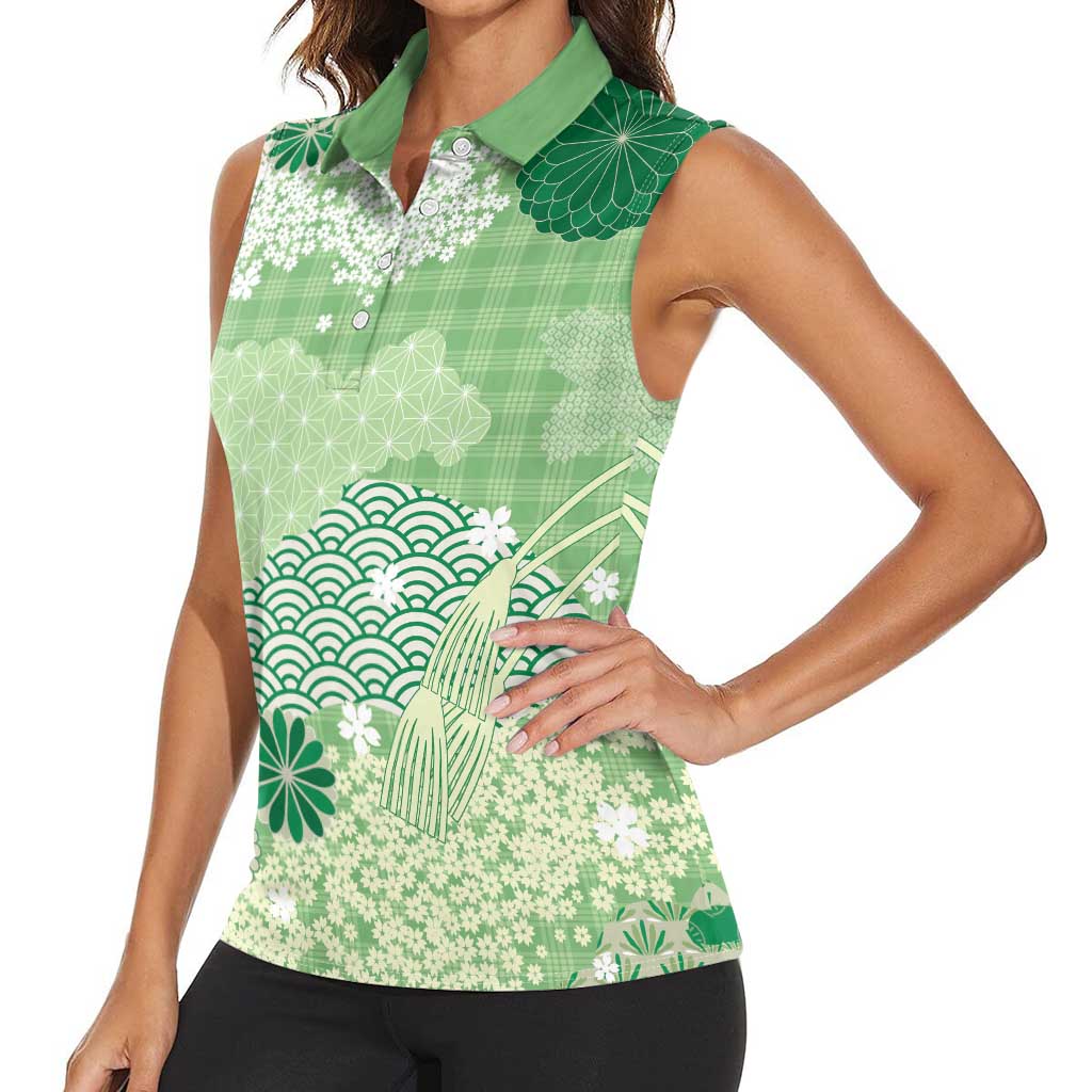 Green Palaka Japanese Patterns Women Sleeveless Polo Shirt Asanoha Seigaiha Sakura Motif LT14 - Polynesian Pride