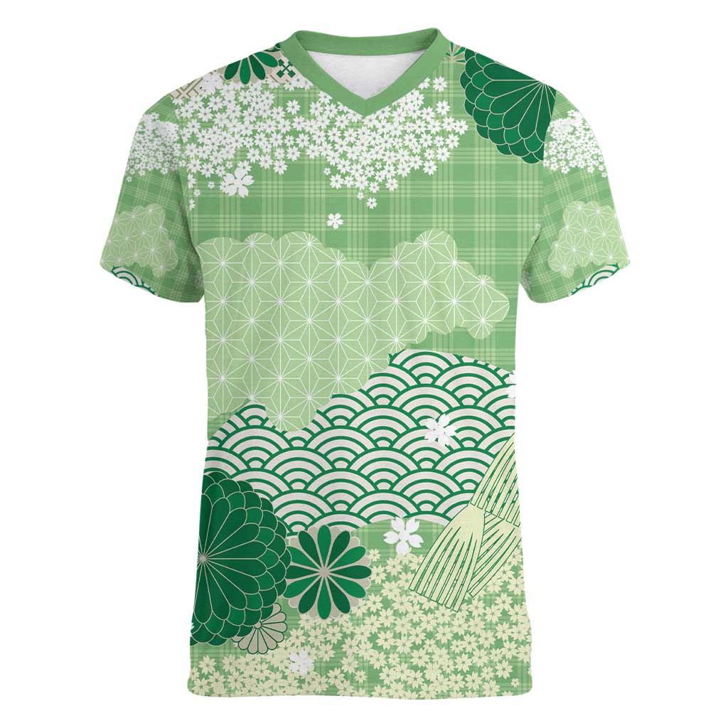 Green Palaka Japanese Patterns Women V-Neck T-Shirt Asanoha Seigaiha Sakura Motif LT14 Female Green - Polynesian Pride