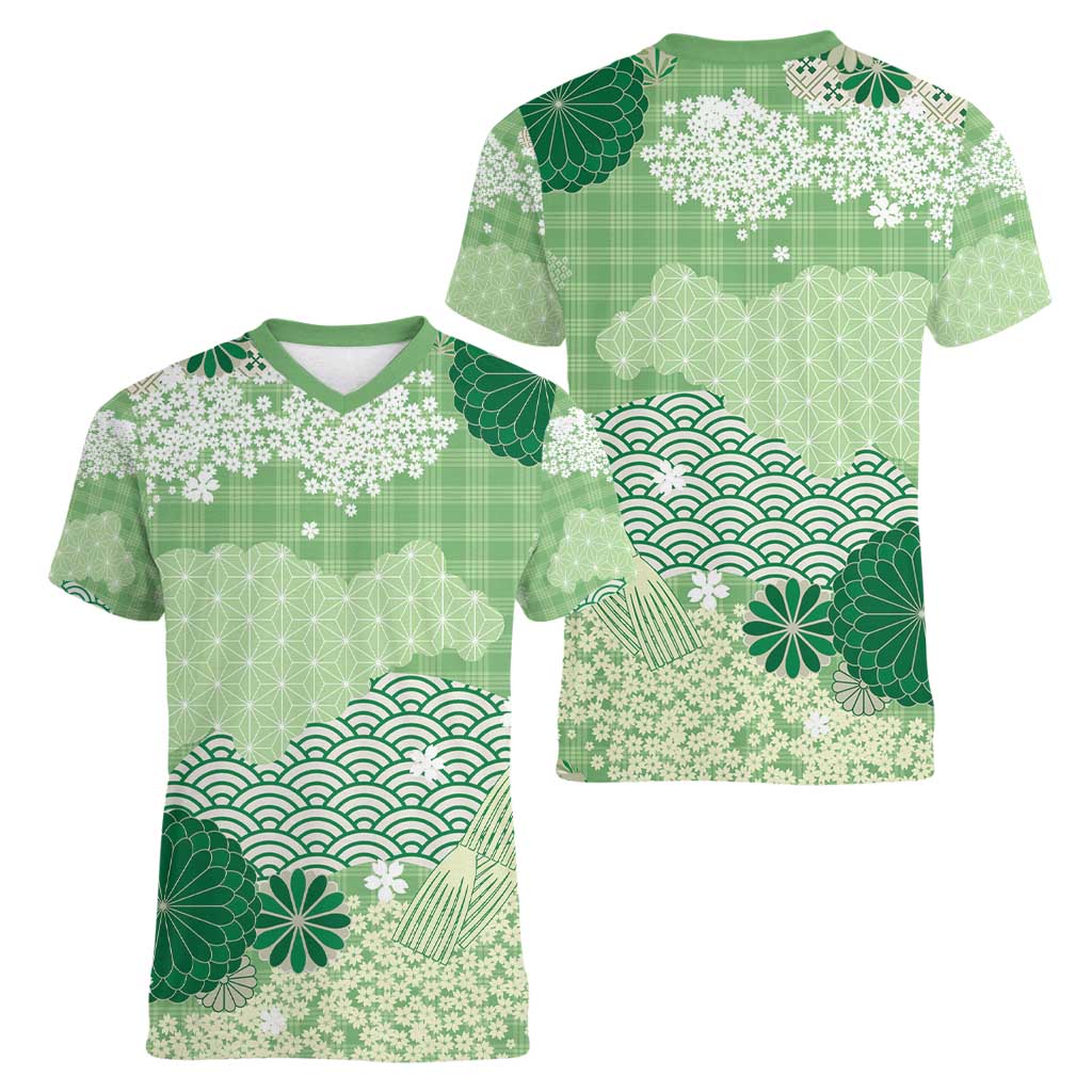 Green Palaka Japanese Patterns Women V-Neck T-Shirt Asanoha Seigaiha Sakura Motif LT14 - Polynesian Pride