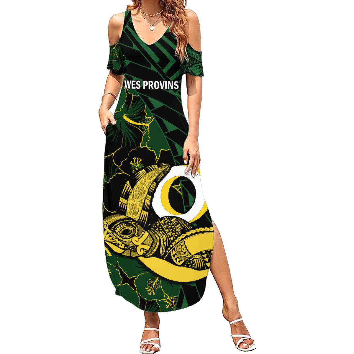 Personalised Solomon Islands Western Province Day Family Matching Summer Maxi Dress and Hawaiian Shirt Sea Turtle Mix Polynesian Hibiscus Pattern LT14 Mom's Dress Green - Polynesian Pride