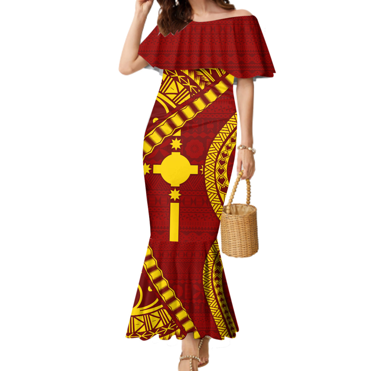 Personalised Fiji Rotuma Family Matching Mermaid Dress and Hawaiian Shirt Fijian Tapa Pattern LT14 Mom's Dress Maroon - Polynesian Pride