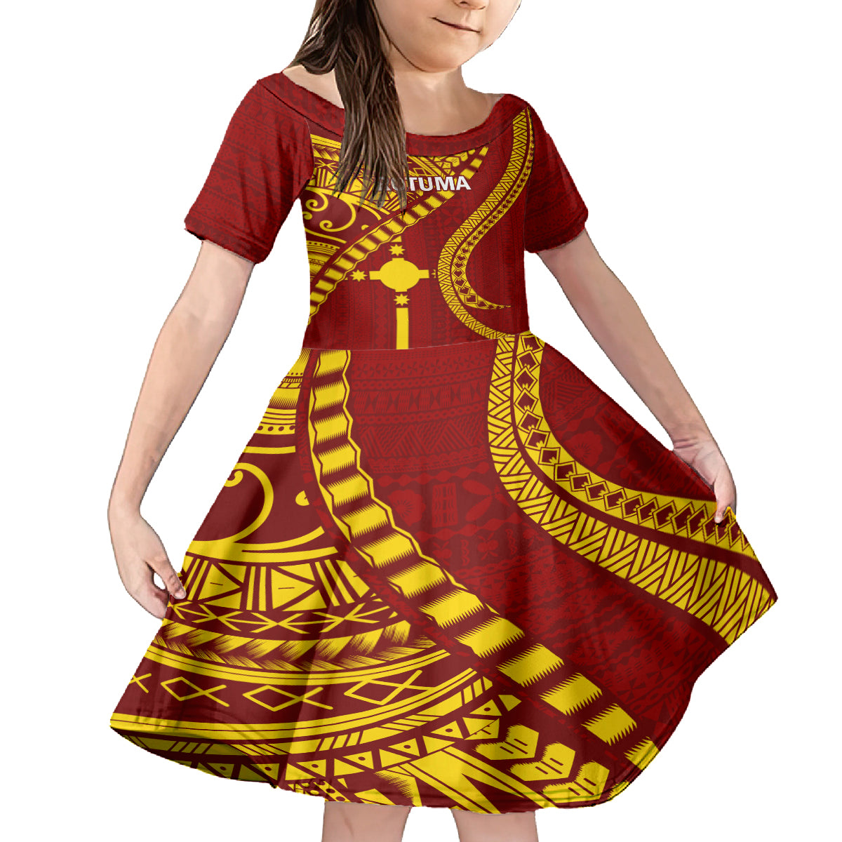 Personalised Fiji Rotuma Family Matching Off Shoulder Short Dress and Hawaiian Shirt Fijian Tapa Pattern LT14 Daughter's Dress Maroon - Polynesian Pride