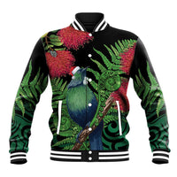 New Zealand Tui Bird Christmas Baseball Jacket Maori Fern Mix Pohotukawa LT14 Unisex Black - Polynesian Pride