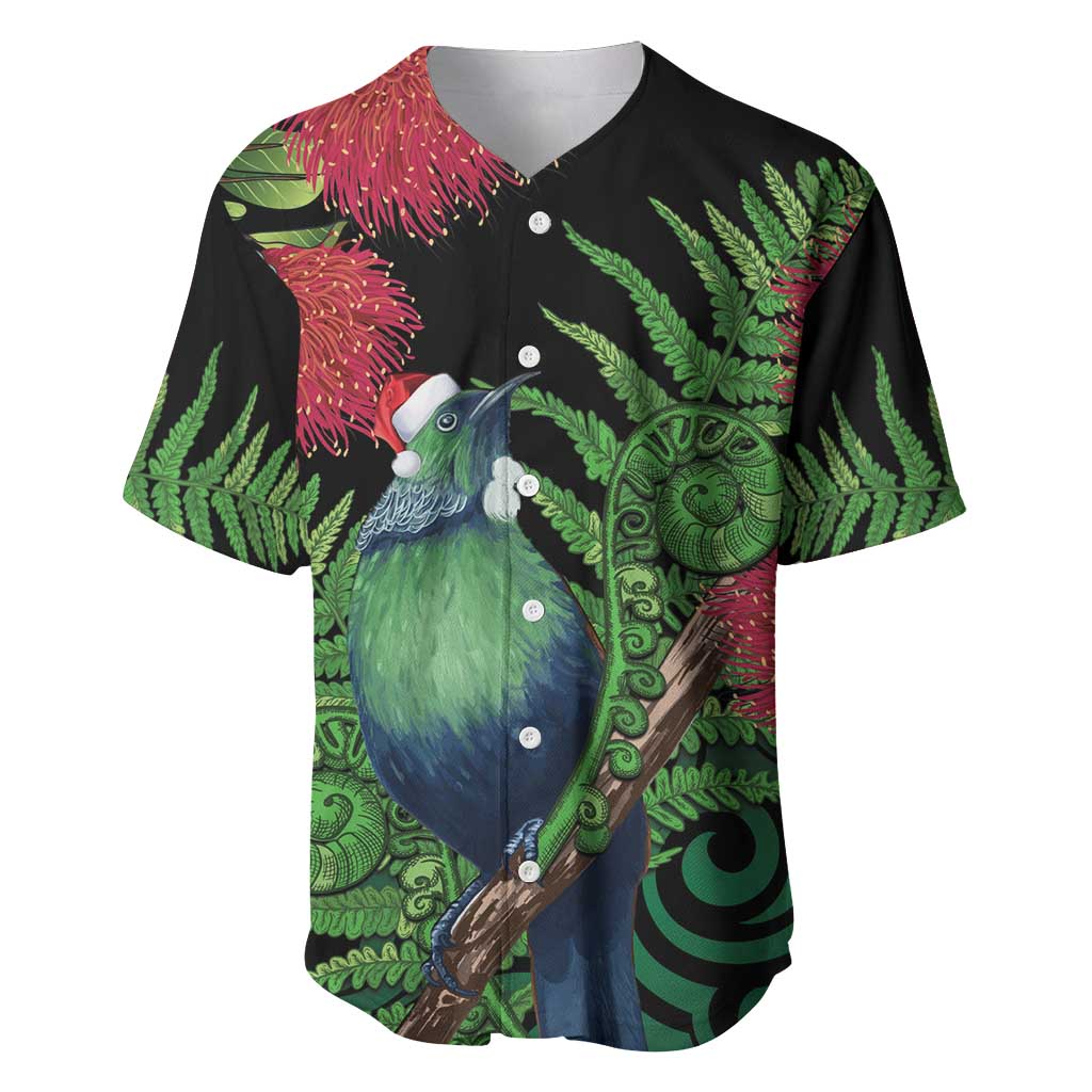 New Zealand Tui Bird Christmas Baseball Jersey Maori Fern Mix Pohotukawa LT14 Black - Polynesian Pride