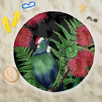 New Zealand Tui Bird Christmas Beach Blanket Maori Fern Mix Pohotukawa LT14 One Size 150cm Black - Polynesian Pride