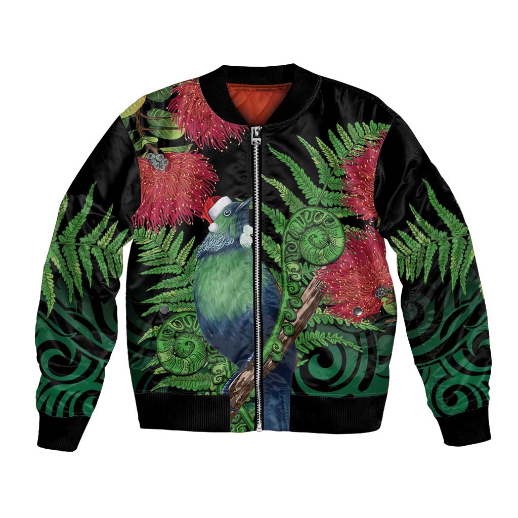 New Zealand Tui Bird Christmas Bomber Jacket Maori Fern Mix Pohotukawa LT14 Unisex Black - Polynesian Pride