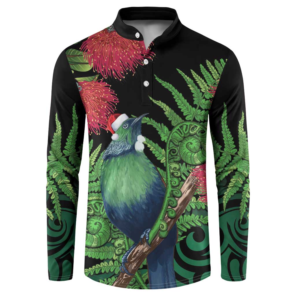New Zealand Tui Bird Christmas Button Sweatshirt Maori Fern Mix Pohotukawa LT14 Black - Polynesian Pride