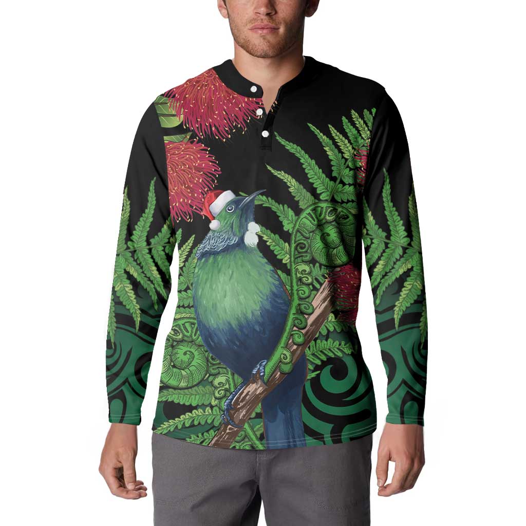 New Zealand Tui Bird Christmas Button Sweatshirt Maori Fern Mix Pohotukawa LT14 - Polynesian Pride