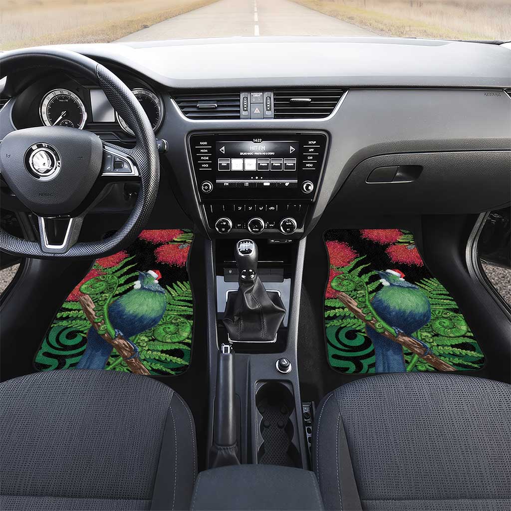 New Zealand Tui Bird Christmas Car Mats Maori Fern Mix Pohotukawa LT14 Set 2pcs - Front Black - Polynesian Pride