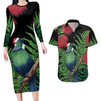 New Zealand Tui Bird Christmas Couples Matching Long Sleeve Bodycon Dress and Hawaiian Shirt Maori Fern Mix Pohotukawa LT14 Black - Polynesian Pride
