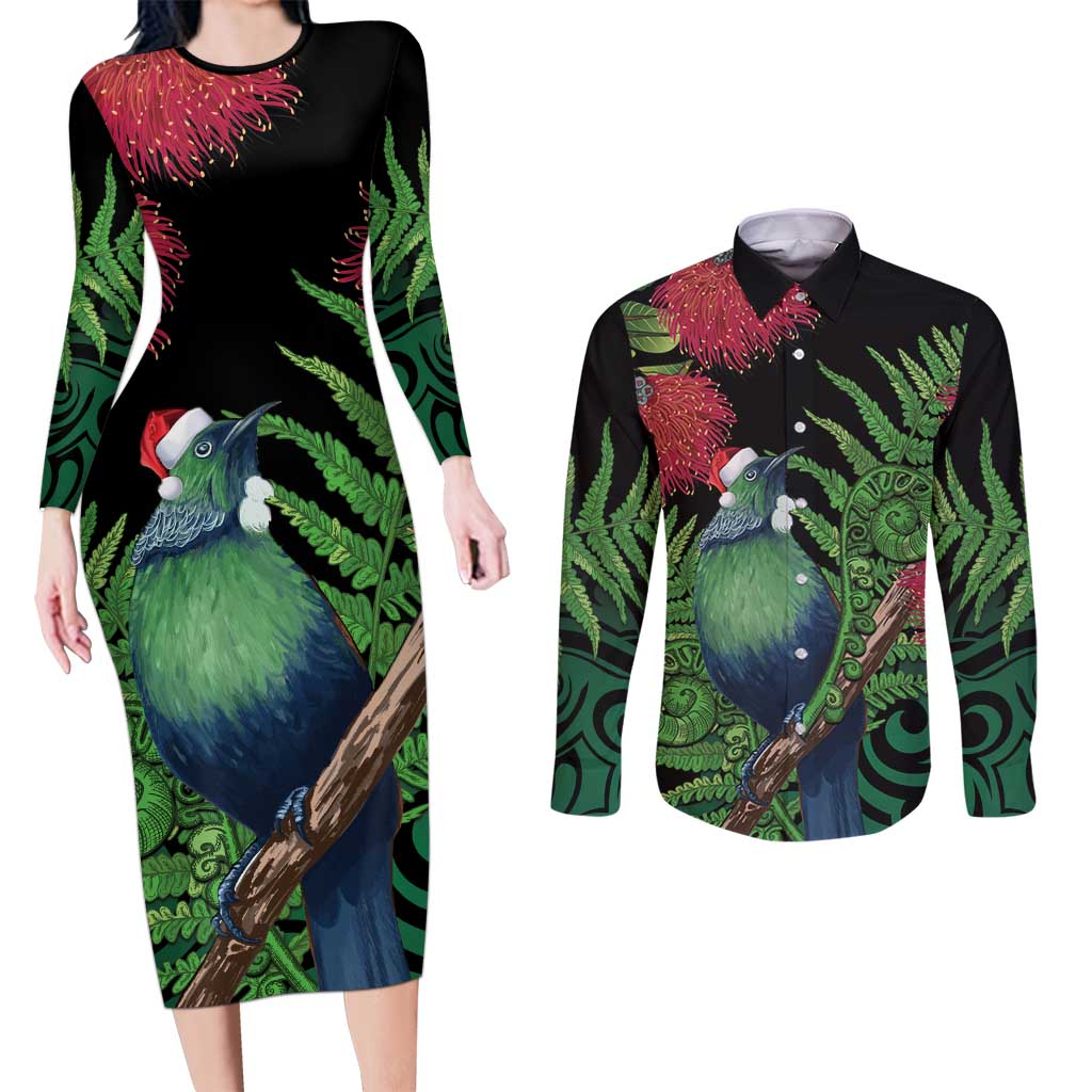 New Zealand Tui Bird Christmas Couples Matching Long Sleeve Bodycon Dress and Long Sleeve Button Shirt Maori Fern Mix Pohotukawa LT14 Black - Polynesian Pride