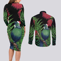 New Zealand Tui Bird Christmas Couples Matching Long Sleeve Bodycon Dress and Long Sleeve Button Shirt Maori Fern Mix Pohotukawa LT14 - Polynesian Pride