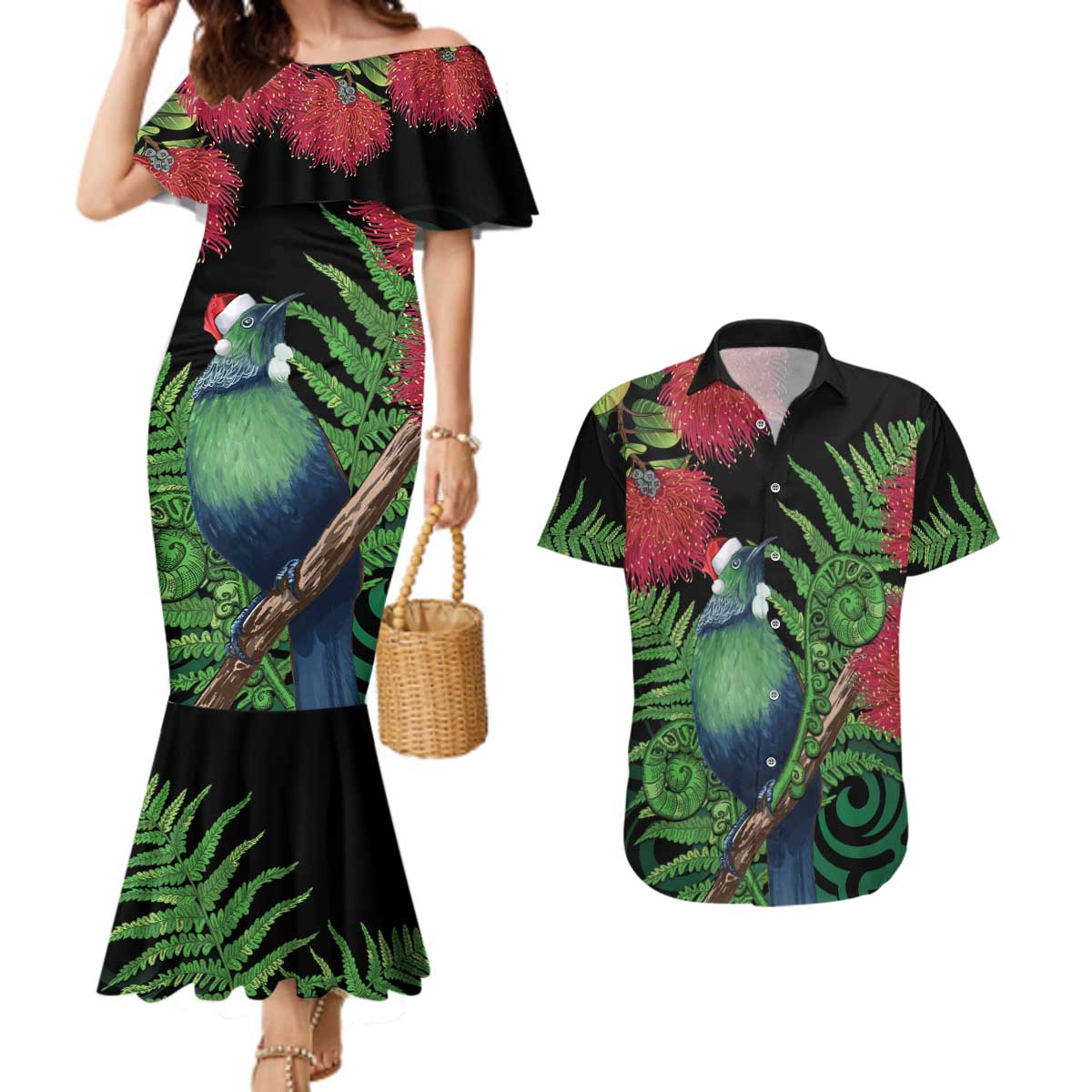 New Zealand Tui Bird Christmas Couples Matching Mermaid Dress and Hawaiian Shirt Maori Fern Mix Pohotukawa LT14 Black - Polynesian Pride