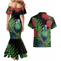 New Zealand Tui Bird Christmas Couples Matching Mermaid Dress and Hawaiian Shirt Maori Fern Mix Pohotukawa LT14 - Polynesian Pride