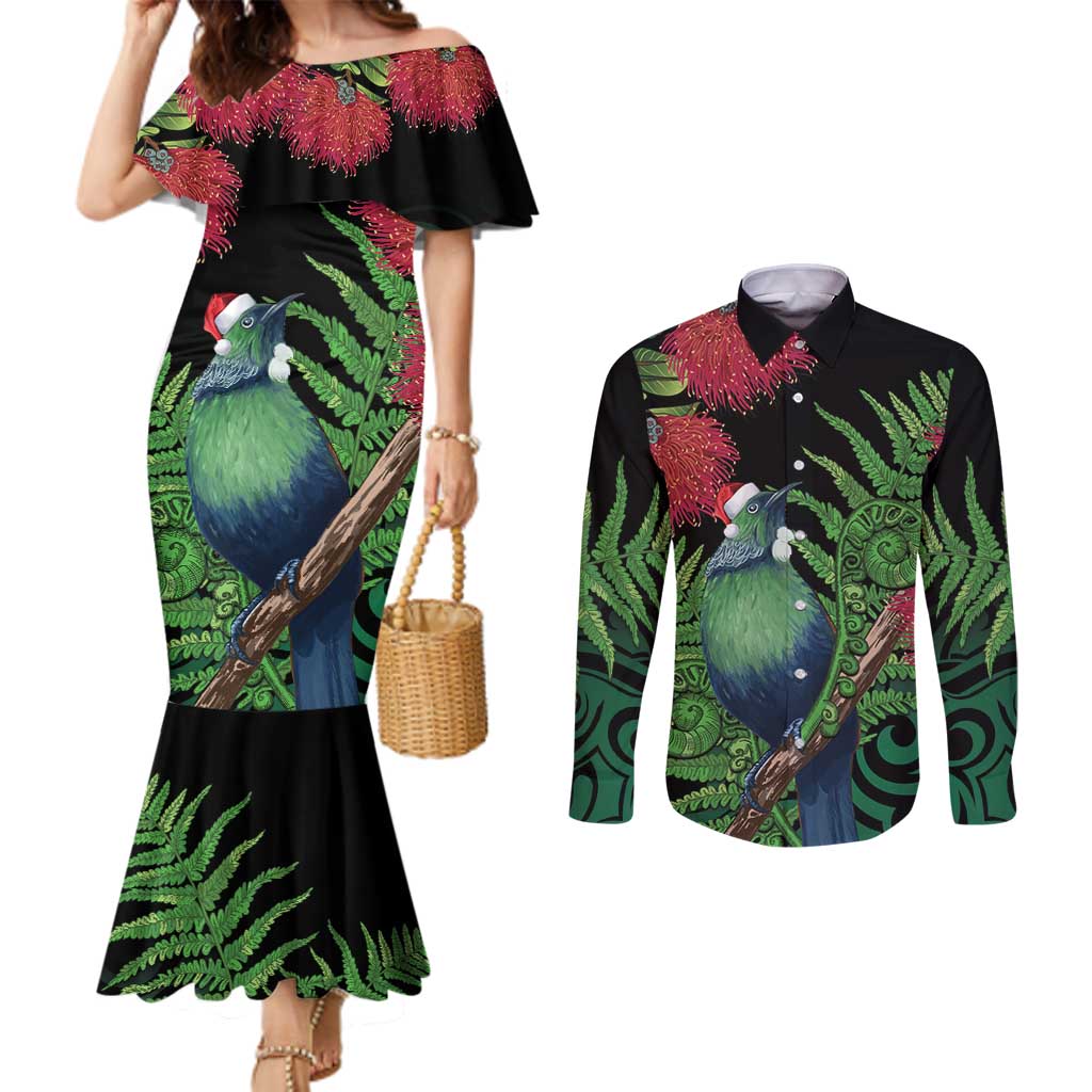 New Zealand Tui Bird Christmas Couples Matching Mermaid Dress and Long Sleeve Button Shirt Maori Fern Mix Pohotukawa LT14 Black - Polynesian Pride
