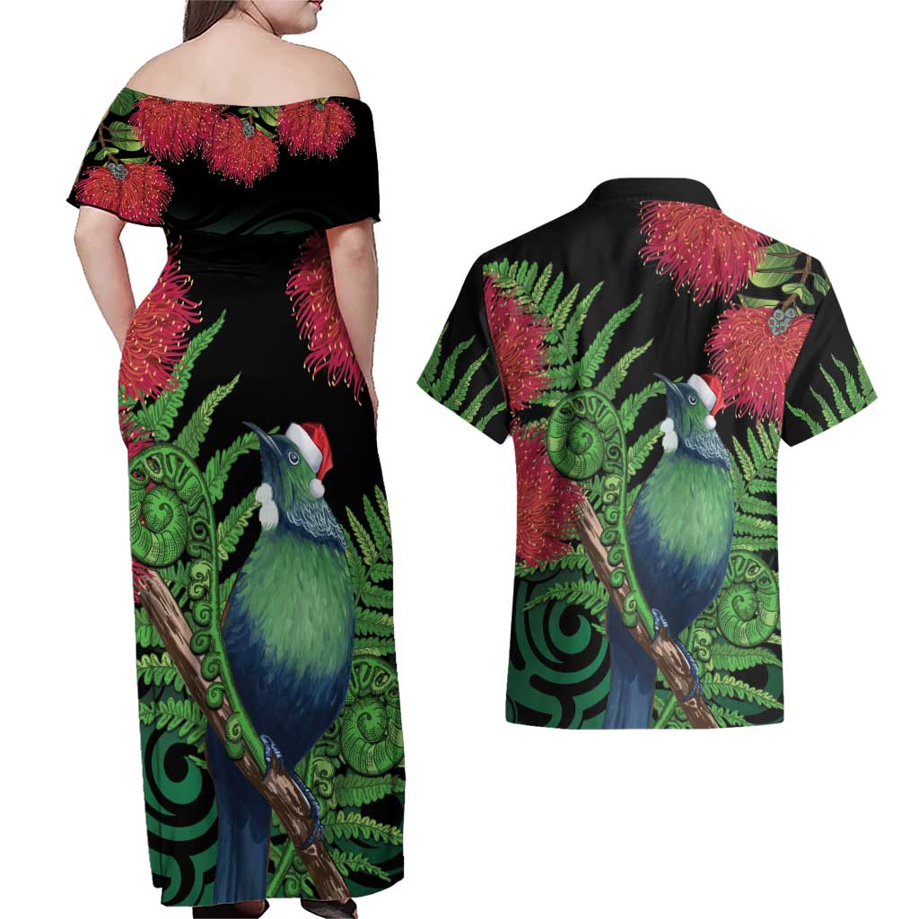 New Zealand Tui Bird Christmas Couples Matching Off Shoulder Maxi Dress and Hawaiian Shirt Maori Fern Mix Pohotukawa LT14 - Polynesian Pride