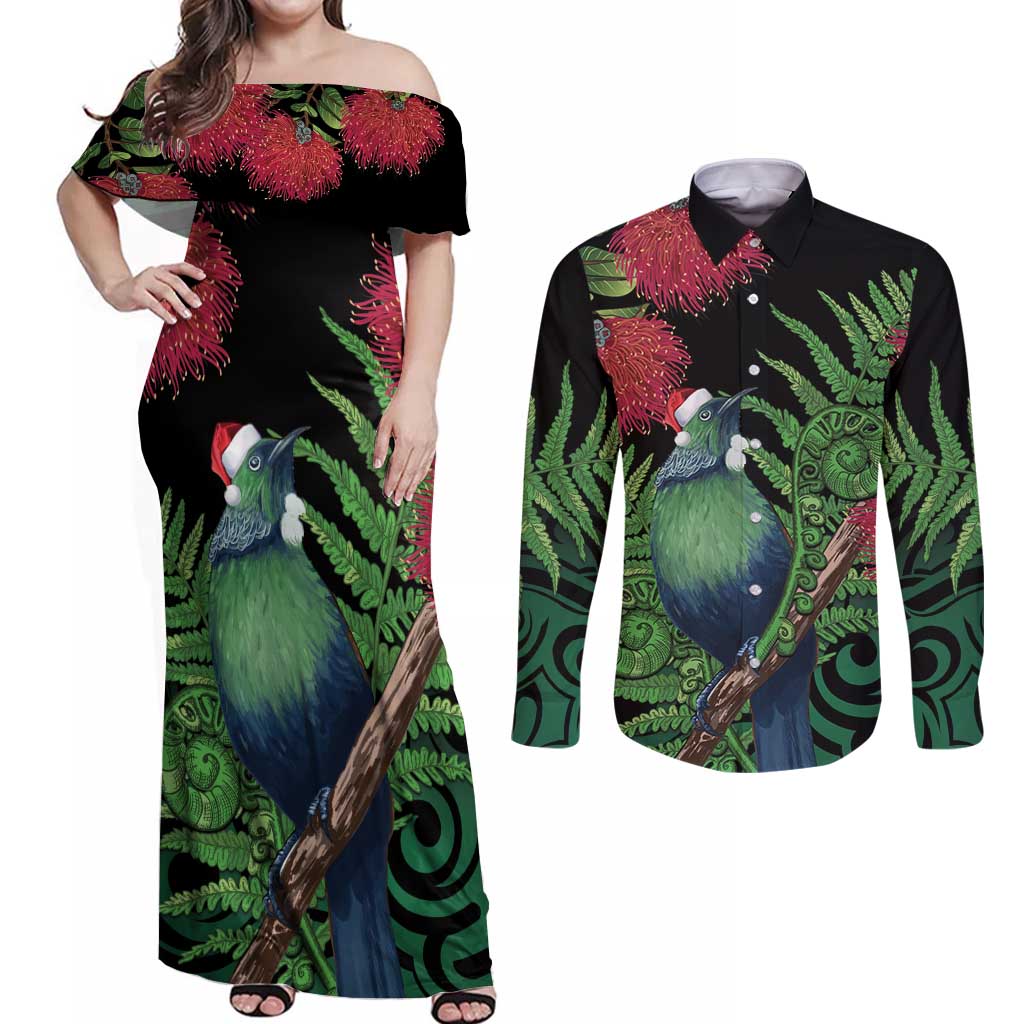 New Zealand Tui Bird Christmas Couples Matching Off Shoulder Maxi Dress and Long Sleeve Button Shirt Maori Fern Mix Pohotukawa LT14 Black - Polynesian Pride