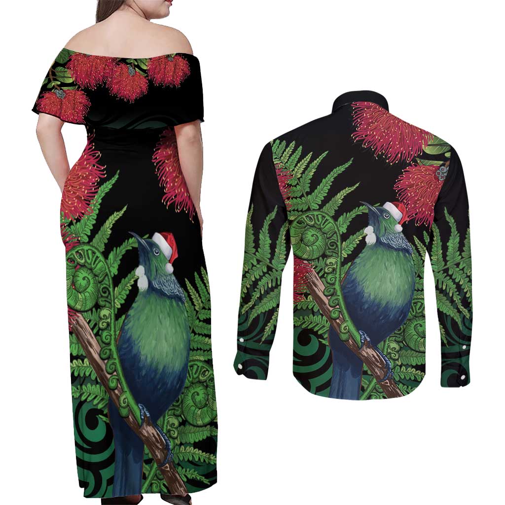 New Zealand Tui Bird Christmas Couples Matching Off Shoulder Maxi Dress and Long Sleeve Button Shirt Maori Fern Mix Pohotukawa LT14 - Polynesian Pride