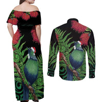 New Zealand Tui Bird Christmas Couples Matching Off Shoulder Maxi Dress and Long Sleeve Button Shirt Maori Fern Mix Pohotukawa LT14 - Polynesian Pride