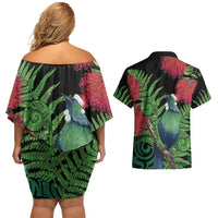 New Zealand Tui Bird Christmas Couples Matching Off Shoulder Short Dress and Hawaiian Shirt Maori Fern Mix Pohotukawa LT14 - Polynesian Pride
