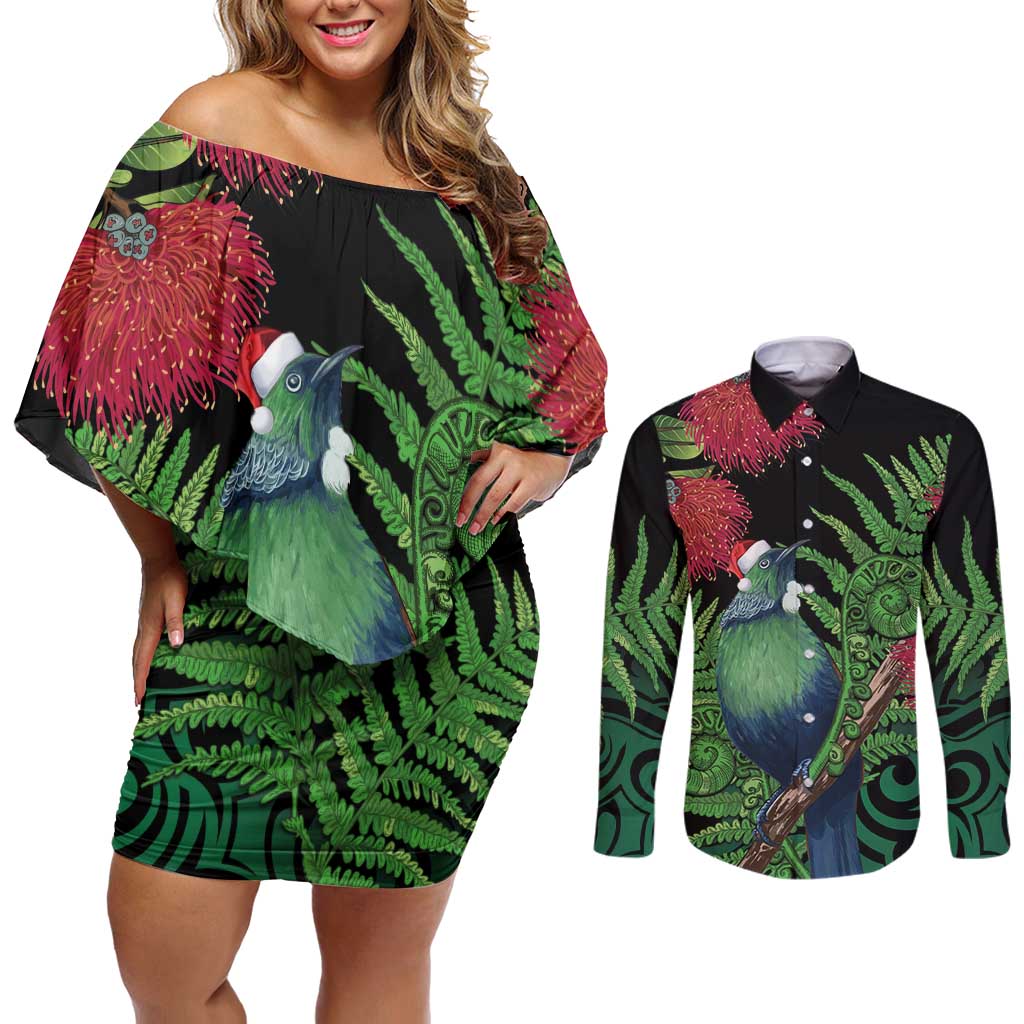 New Zealand Tui Bird Christmas Couples Matching Off Shoulder Short Dress and Long Sleeve Button Shirt Maori Fern Mix Pohotukawa LT14 Black - Polynesian Pride