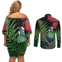 New Zealand Tui Bird Christmas Couples Matching Off Shoulder Short Dress and Long Sleeve Button Shirt Maori Fern Mix Pohotukawa LT14 - Polynesian Pride