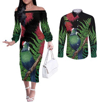 New Zealand Tui Bird Christmas Couples Matching Off The Shoulder Long Sleeve Dress and Long Sleeve Button Shirt Maori Fern Mix Pohotukawa LT14 Black - Polynesian Pride