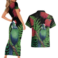 New Zealand Tui Bird Christmas Couples Matching Short Sleeve Bodycon Dress and Hawaiian Shirt Maori Fern Mix Pohotukawa LT14 - Polynesian Pride