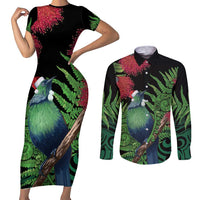 New Zealand Tui Bird Christmas Couples Matching Short Sleeve Bodycon Dress and Long Sleeve Button Shirt Maori Fern Mix Pohotukawa LT14 Black - Polynesian Pride