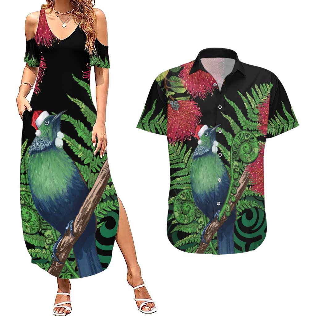 New Zealand Tui Bird Christmas Couples Matching Summer Maxi Dress and Hawaiian Shirt Maori Fern Mix Pohotukawa LT14 Black - Polynesian Pride