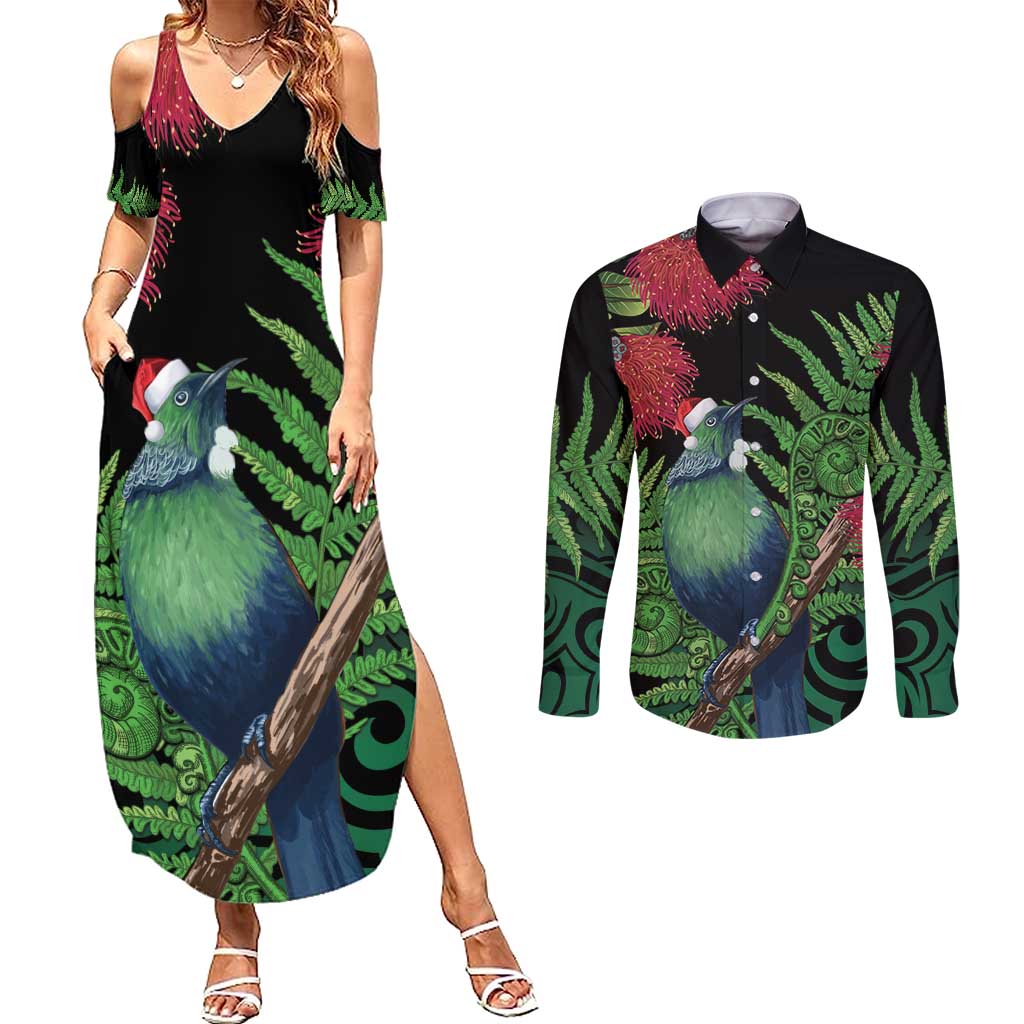 New Zealand Tui Bird Christmas Couples Matching Summer Maxi Dress and Long Sleeve Button Shirt Maori Fern Mix Pohotukawa LT14 Black - Polynesian Pride