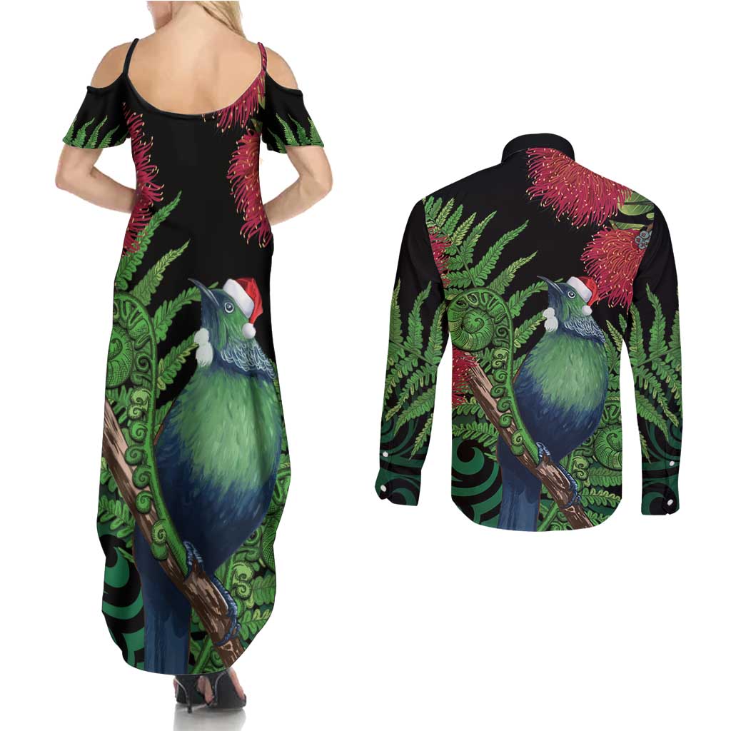 New Zealand Tui Bird Christmas Couples Matching Summer Maxi Dress and Long Sleeve Button Shirt Maori Fern Mix Pohotukawa LT14 - Polynesian Pride