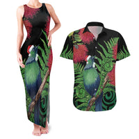 New Zealand Tui Bird Christmas Couples Matching Tank Maxi Dress and Hawaiian Shirt Maori Fern Mix Pohotukawa LT14 Black - Polynesian Pride