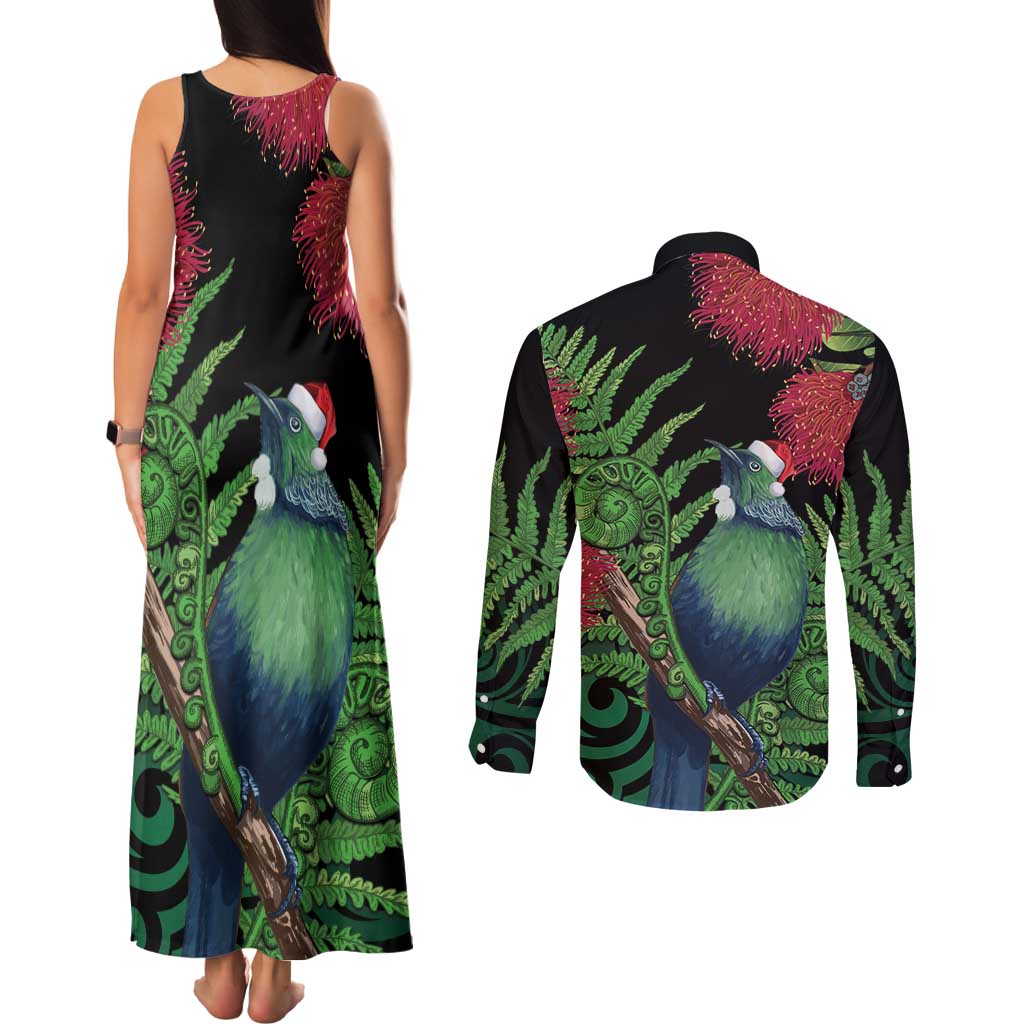 New Zealand Tui Bird Christmas Couples Matching Tank Maxi Dress and Long Sleeve Button Shirt Maori Fern Mix Pohotukawa LT14 - Polynesian Pride