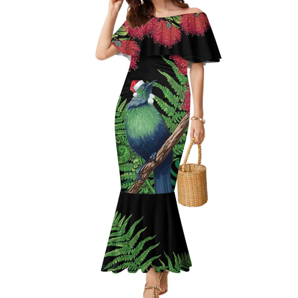 New Zealand Tui Bird Christmas Family Matching Mermaid Dress and Hawaiian Shirt Maori Fern Mix Pohotukawa LT14 Mom's Dress Black - Polynesian Pride