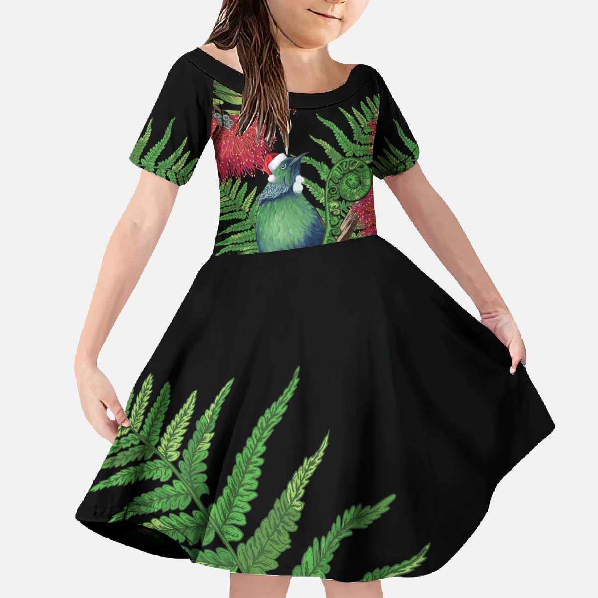 New Zealand Tui Bird Christmas Family Matching Off The Shoulder Long Sleeve Dress and Hawaiian Shirt Maori Fern Mix Pohotukawa LT14 Daughter's Dress Black - Polynesian Pride