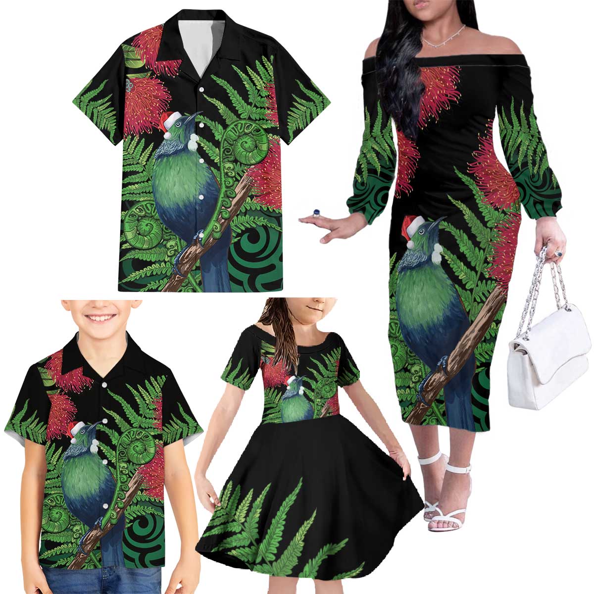 New Zealand Tui Bird Christmas Family Matching Off The Shoulder Long Sleeve Dress and Hawaiian Shirt Maori Fern Mix Pohotukawa LT14 - Polynesian Pride