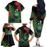 New Zealand Tui Bird Christmas Family Matching Off The Shoulder Long Sleeve Dress and Hawaiian Shirt Maori Fern Mix Pohotukawa LT14 - Polynesian Pride