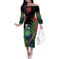 New Zealand Tui Bird Christmas Family Matching Off The Shoulder Long Sleeve Dress and Hawaiian Shirt Maori Fern Mix Pohotukawa LT14 Mom's Dress Black - Polynesian Pride