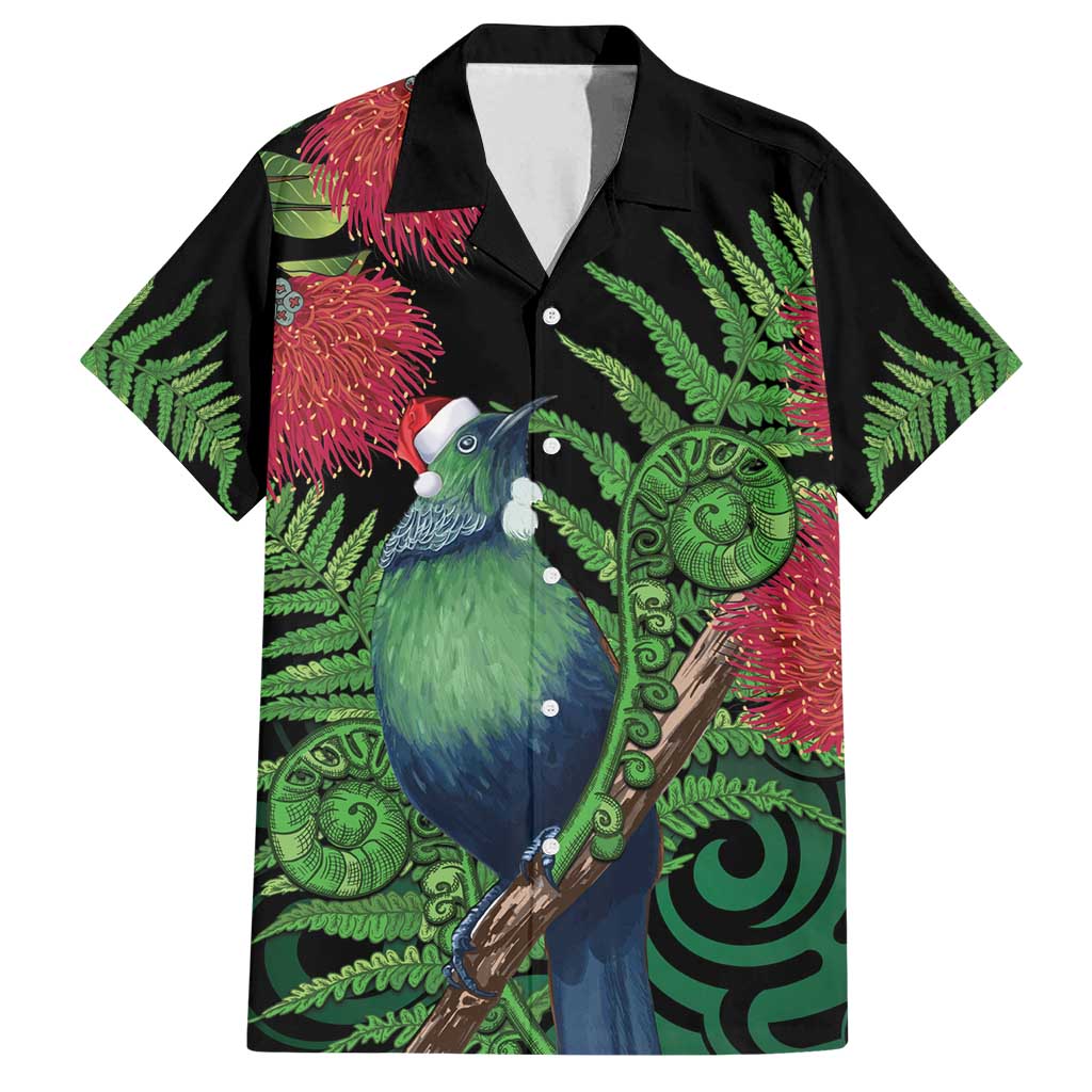 New Zealand Tui Bird Christmas Family Matching Off Shoulder Maxi Dress and Hawaiian Shirt Maori Fern Mix Pohotukawa LT14 Dad's Shirt - Short Sleeve Black - Polynesian Pride