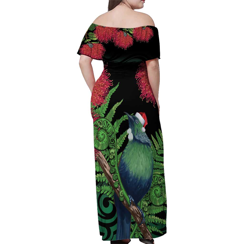 New Zealand Tui Bird Christmas Family Matching Off Shoulder Maxi Dress and Hawaiian Shirt Maori Fern Mix Pohotukawa LT14 - Polynesian Pride