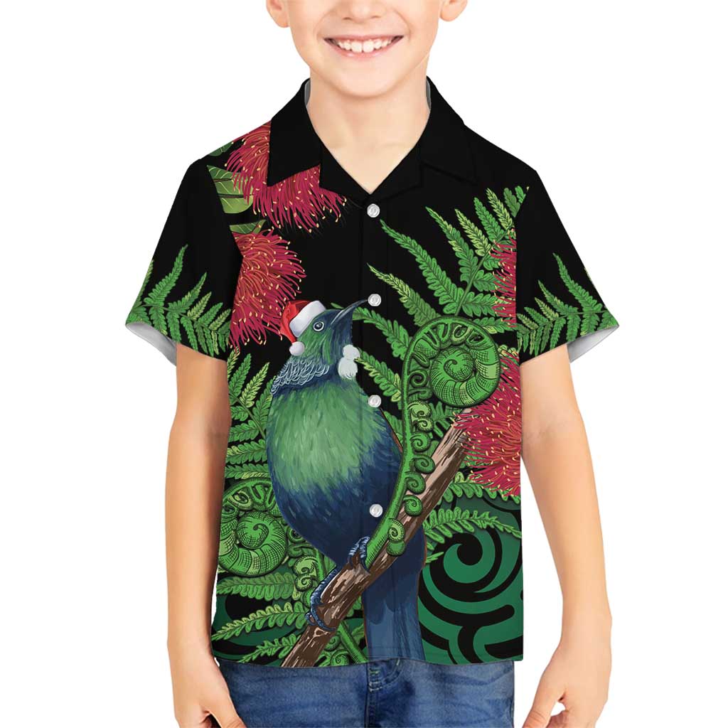 New Zealand Tui Bird Christmas Family Matching Off Shoulder Maxi Dress and Hawaiian Shirt Maori Fern Mix Pohotukawa LT14 Son's Shirt Black - Polynesian Pride