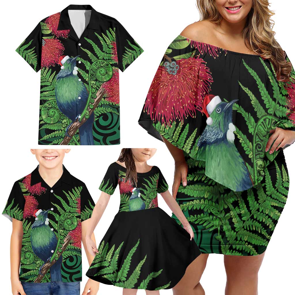 New Zealand Tui Bird Christmas Family Matching Off Shoulder Short Dress and Hawaiian Shirt Maori Fern Mix Pohotukawa LT14 - Polynesian Pride