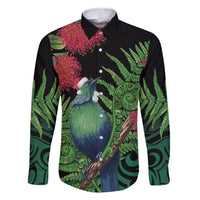 New Zealand Tui Bird Christmas Family Matching Off Shoulder Short Dress and Hawaiian Shirt Maori Fern Mix Pohotukawa LT14 Dad's Shirt - Long Sleeve Black - Polynesian Pride