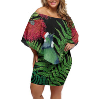 New Zealand Tui Bird Christmas Family Matching Off Shoulder Short Dress and Hawaiian Shirt Maori Fern Mix Pohotukawa LT14 Mom's Dress Black - Polynesian Pride