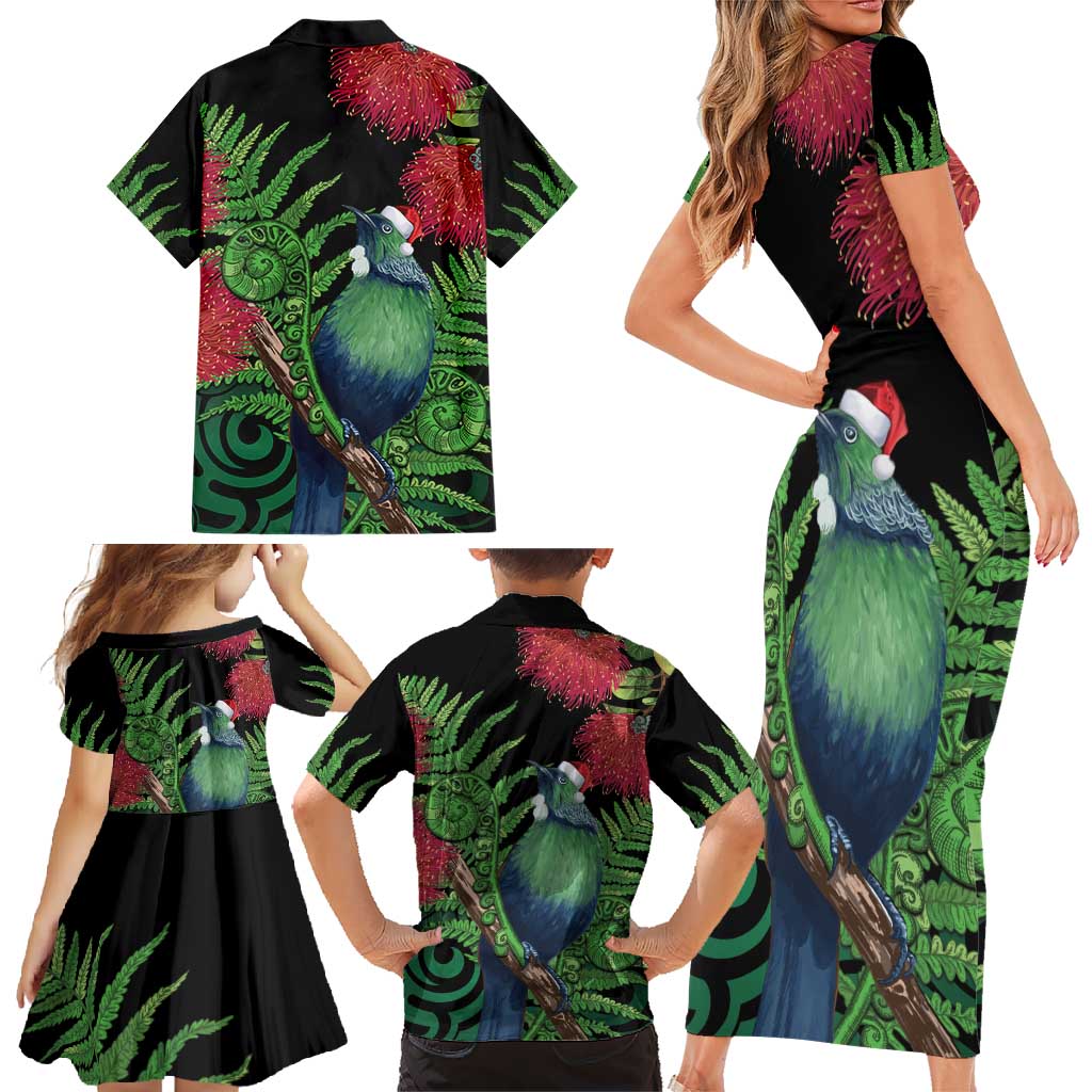 New Zealand Tui Bird Christmas Family Matching Short Sleeve Bodycon Dress and Hawaiian Shirt Maori Fern Mix Pohotukawa LT14 - Polynesian Pride