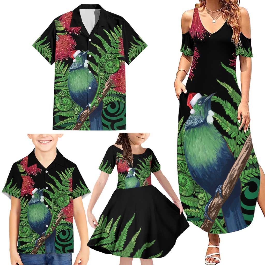 New Zealand Tui Bird Christmas Family Matching Summer Maxi Dress and Hawaiian Shirt Maori Fern Mix Pohotukawa LT14 - Polynesian Pride