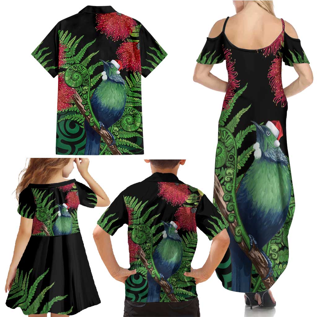 New Zealand Tui Bird Christmas Family Matching Summer Maxi Dress and Hawaiian Shirt Maori Fern Mix Pohotukawa LT14 - Polynesian Pride